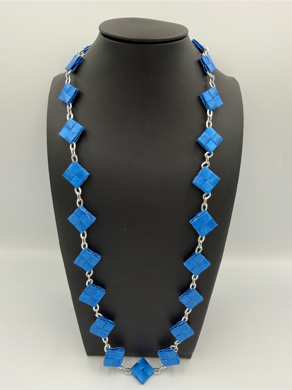 Bold Blue Woven Square Silver Tone Long Geometric Statement Necklace